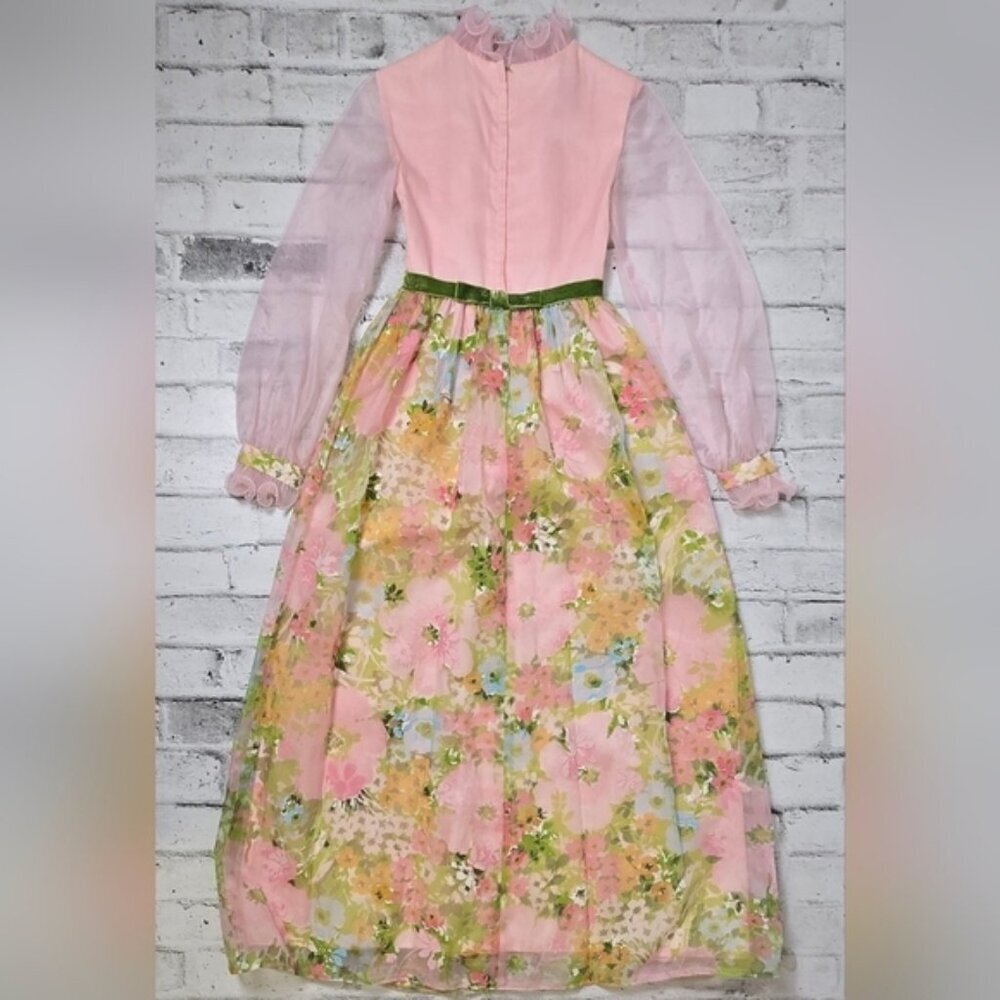 Vintage 60s Sylvia Ann Floral Maxi Dress – Sheer Sleeves & Velvet Trim XS - Picture 10 of 13